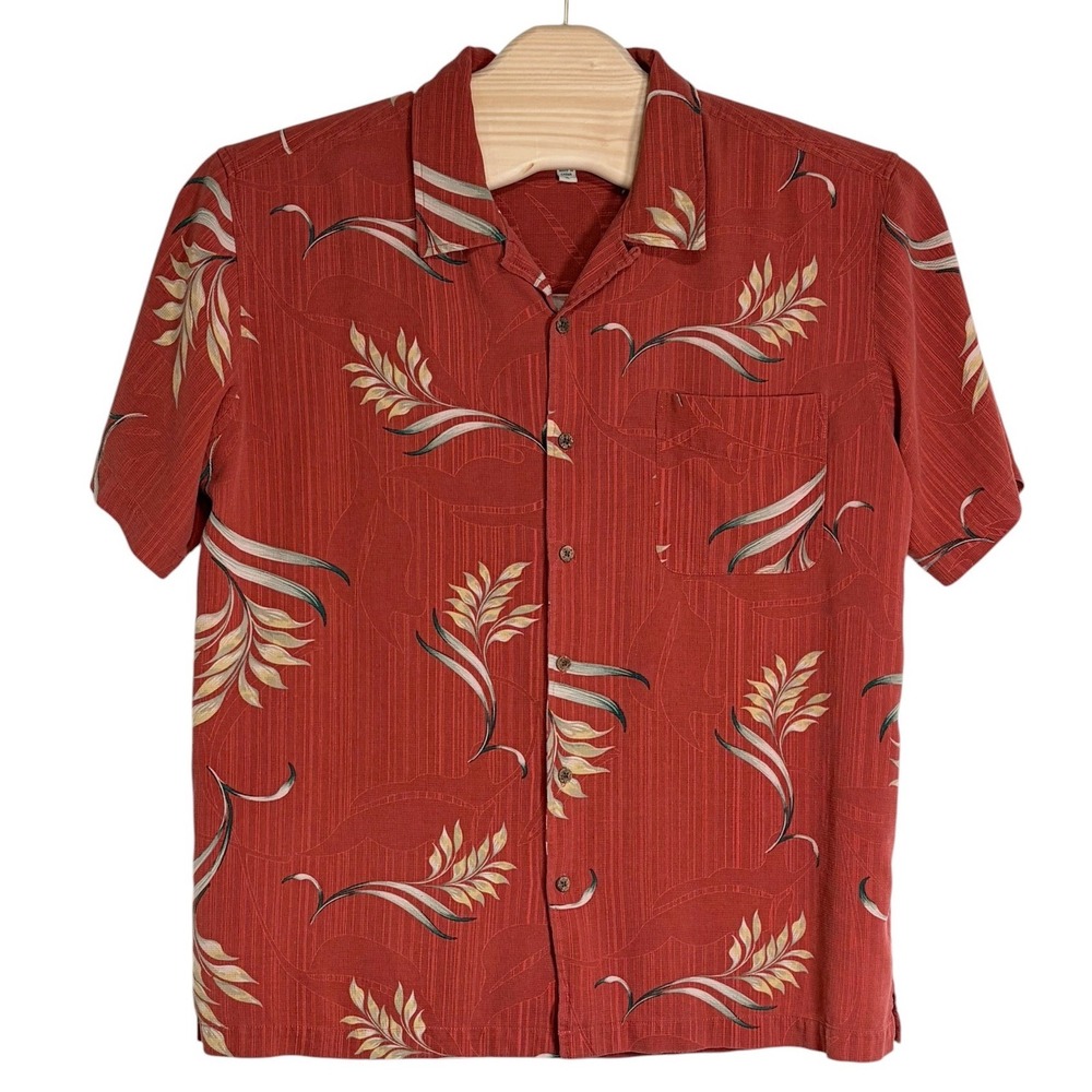 Solitude Button Down Shirt XL Red Silk Floral Tropical Leaf Short Sleeve Camp